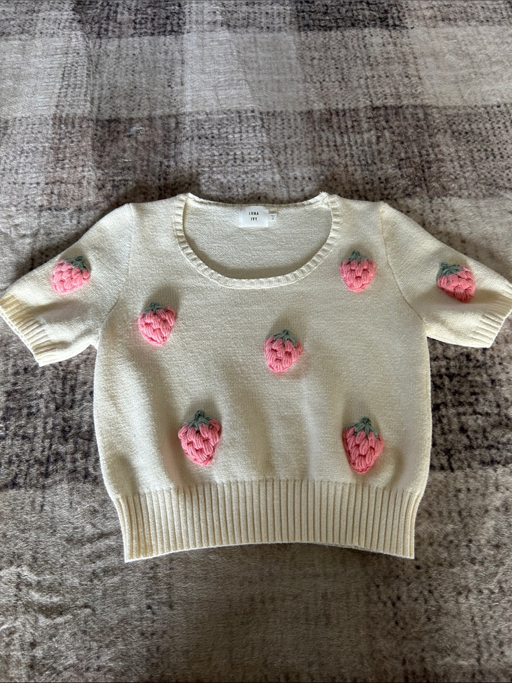 Cotton-Blend Cream Sweater with Pink Strawberry Appliqués